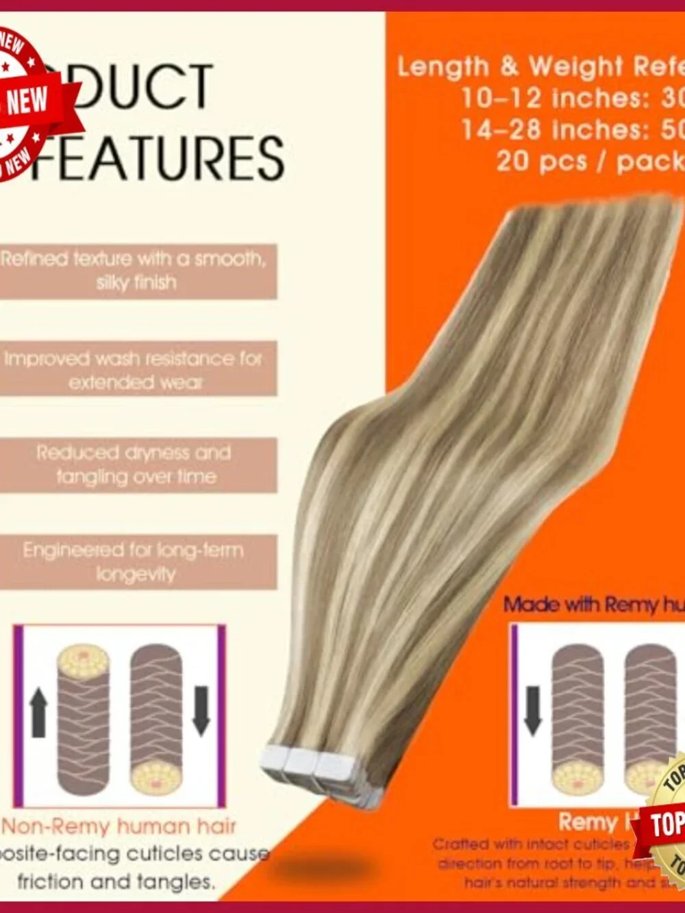 22-Inch Tape-In Hair Extensions, Remy Human Hair, 50g, 20 Pieces